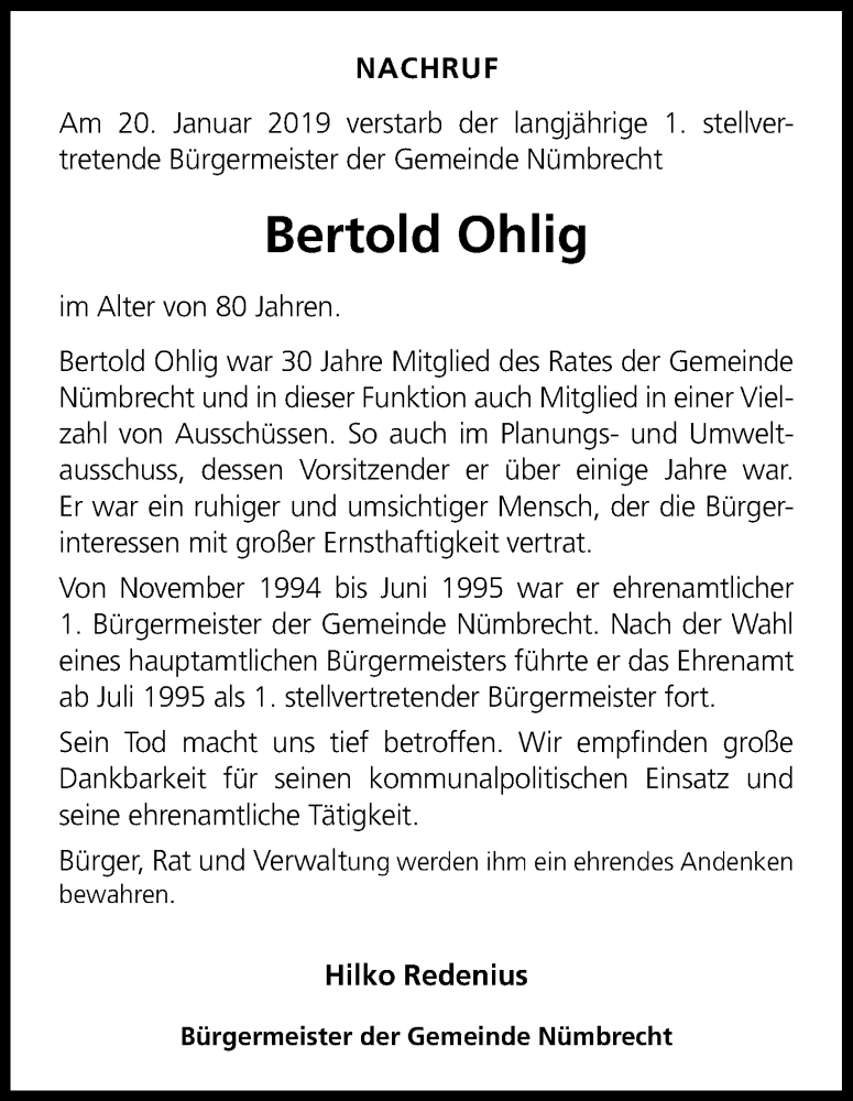  Traueranzeige für Bertold Ohlig vom 25.01.2019 aus Kölner Stadt-Anzeiger / Kölnische Rundschau / Express