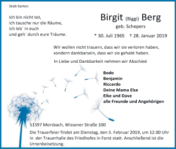 Anzeige von Birgit Berg von Kölner Stadt-Anzeiger / Kölnische Rundschau / Express