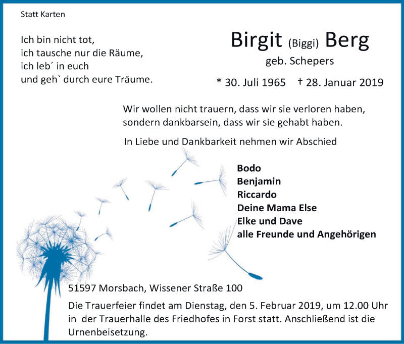  Traueranzeige für Birgit Berg vom 30.01.2019 aus Kölner Stadt-Anzeiger / Kölnische Rundschau / Express