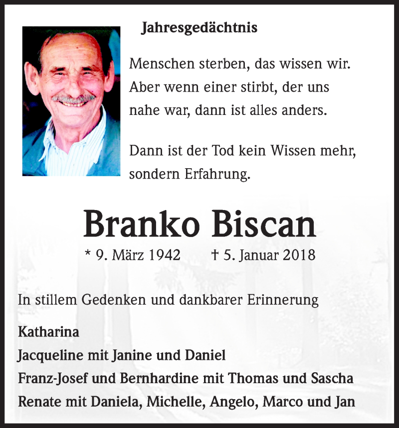  Traueranzeige für Branko Biscan vom 05.01.2019 aus Kölner Stadt-Anzeiger / Kölnische Rundschau / Express