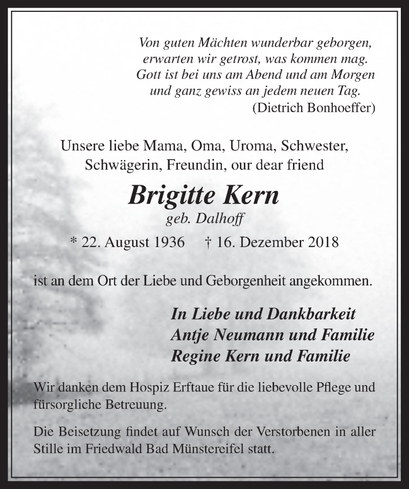  Traueranzeige für Brigitte Kern vom 09.01.2019 aus  Werbepost 