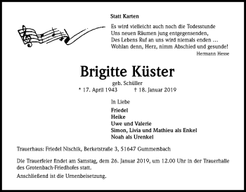 Anzeige von Brigitte Küster von Kölner Stadt-Anzeiger / Kölnische Rundschau / Express