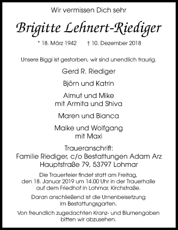Anzeige von Brigitte Lehnert-Riediger von Kölner Stadt-Anzeiger / Kölnische Rundschau / Express