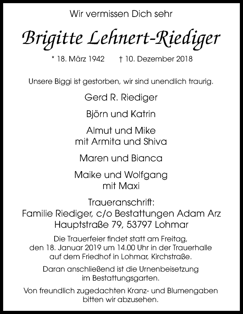  Traueranzeige für Brigitte Lehnert-Riediger vom 05.01.2019 aus Kölner Stadt-Anzeiger / Kölnische Rundschau / Express