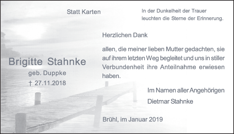  Traueranzeige für Brigitte Stahnke vom 09.01.2019 aus  Schlossbote/Werbekurier 