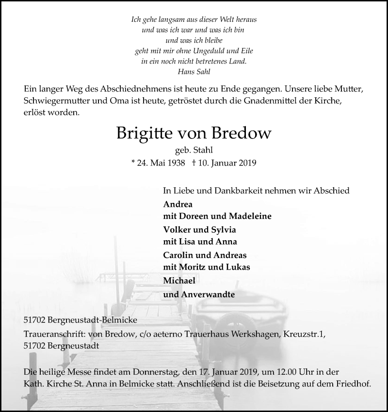  Traueranzeige für Brigitte von Bredow vom 12.01.2019 aus Kölner Stadt-Anzeiger / Kölnische Rundschau / Express