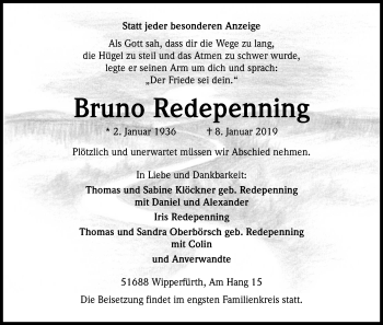 Anzeige von Bruno Redepenning von Kölner Stadt-Anzeiger / Kölnische Rundschau / Express