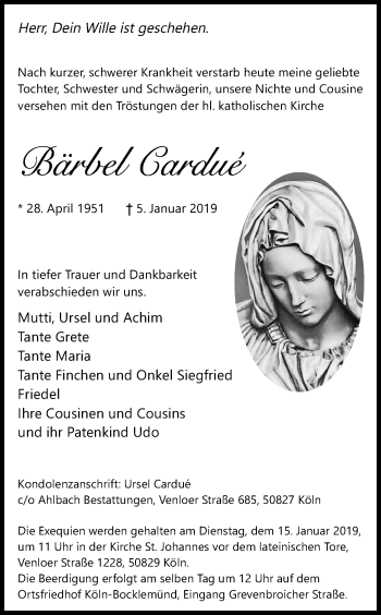 Anzeige von Bärbel Cardue von Kölner Stadt-Anzeiger / Kölnische Rundschau / Express