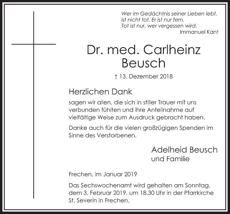  Traueranzeige für Carlheinz Beusch vom 26.01.2019 aus  Sonntags-Post 