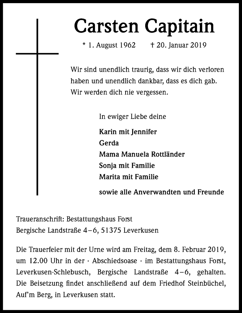  Traueranzeige für Carsten Capitain vom 30.01.2019 aus Kölner Stadt-Anzeiger / Kölnische Rundschau / Express