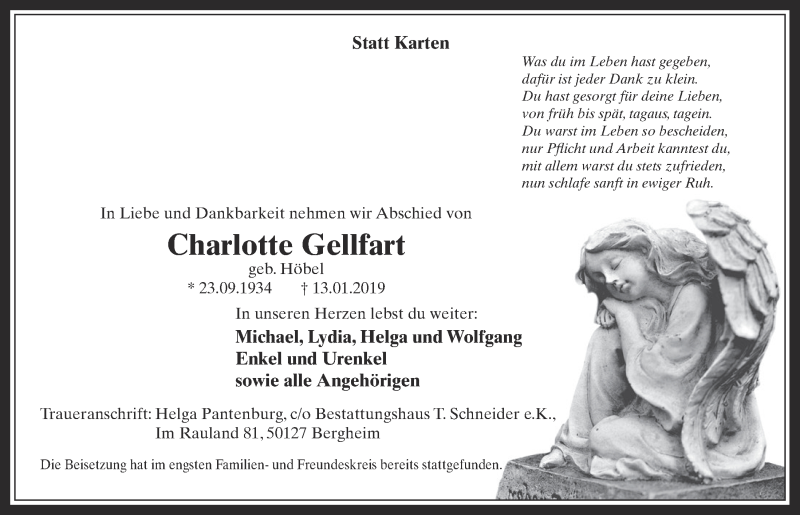  Traueranzeige für Charlotte Gellfart vom 19.01.2019 aus  Sonntags-Post 