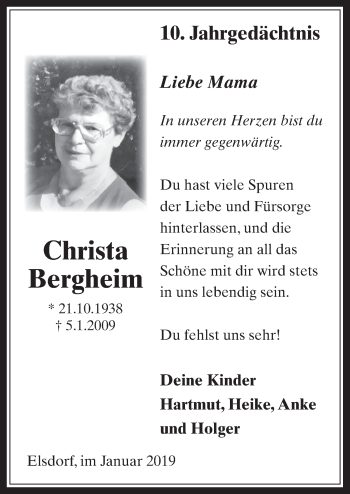 Anzeige von Christa Bergheim von  Werbepost 