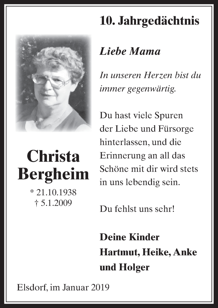  Traueranzeige für Christa Bergheim vom 02.01.2019 aus  Werbepost 