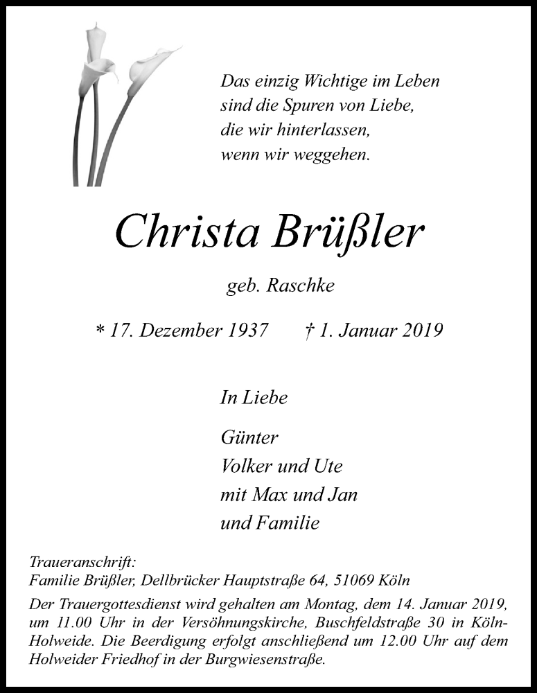  Traueranzeige für Christa Brüßler vom 05.01.2019 aus Kölner Stadt-Anzeiger / Kölnische Rundschau / Express