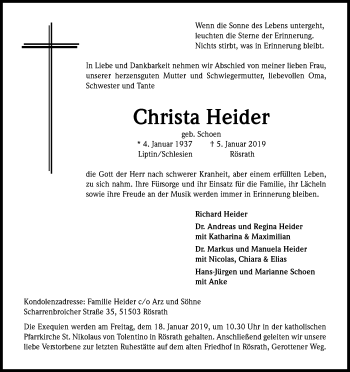 Anzeige von Christa Heider von Kölner Stadt-Anzeiger / Kölnische Rundschau / Express