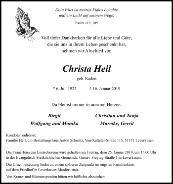 Anzeige von Christa Heil von Kölner Stadt-Anzeiger / Kölnische Rundschau / Express