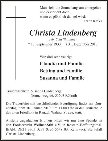 Anzeige von Christa Lindenberg von  Rhein-Sieg-Wochenende 