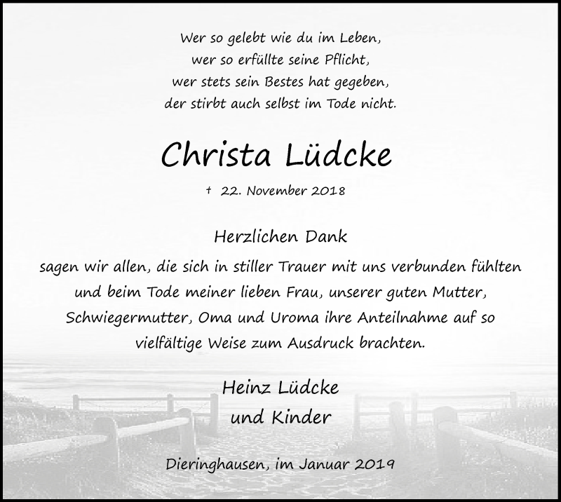  Traueranzeige für Christa Lüdcke vom 02.01.2019 aus  Anzeigen Echo 