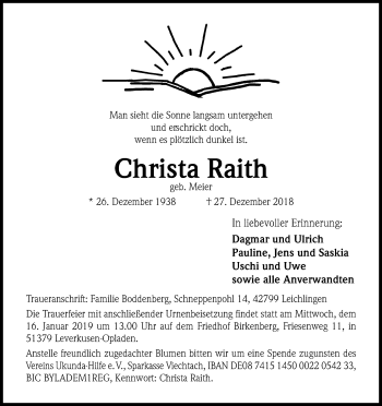 Anzeige von Christa Raith von Kölner Stadt-Anzeiger / Kölnische Rundschau / Express
