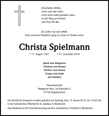 Anzeige von Christa Spielmann von Kölner Stadt-Anzeiger / Kölnische Rundschau / Express