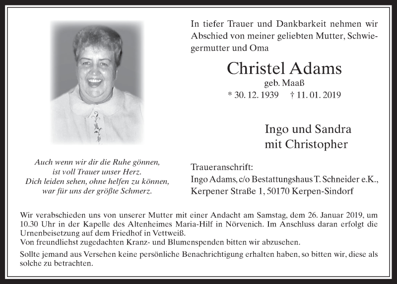  Traueranzeige für Christel Adams vom 23.01.2019 aus  Werbepost 
