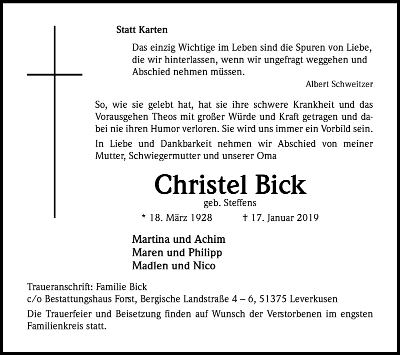 Traueranzeige für Christel Bick vom 19.01.2019 aus Kölner Stadt-Anzeiger / Kölnische Rundschau / Express