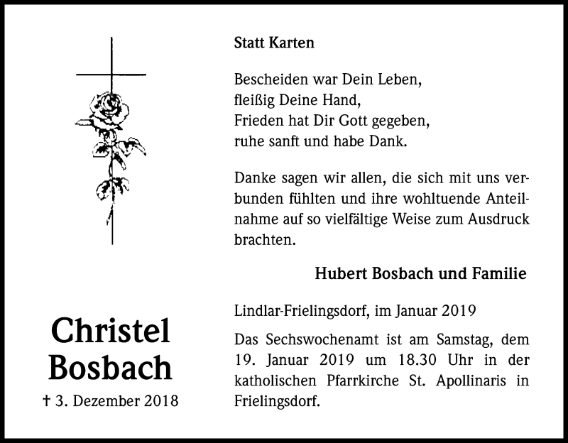  Traueranzeige für Christel Bosbach vom 12.01.2019 aus Kölner Stadt-Anzeiger / Kölnische Rundschau / Express
