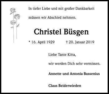 Anzeige von Christel Büsgen von Kölner Stadt-Anzeiger / Kölnische Rundschau / Express