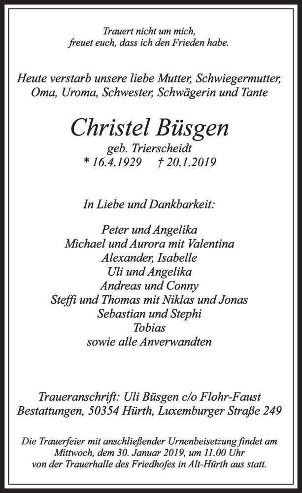  Traueranzeige für Christel Büsgen vom 26.01.2019 aus  Sonntags-Post 