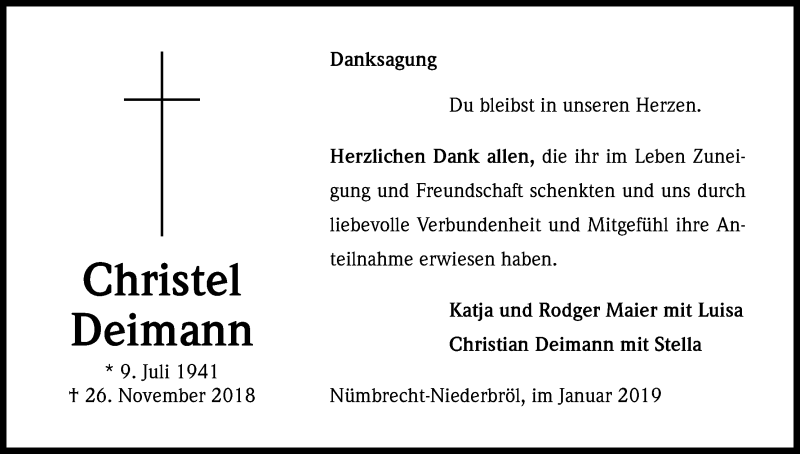  Traueranzeige für Christel Deimann vom 26.01.2019 aus Kölner Stadt-Anzeiger / Kölnische Rundschau / Express