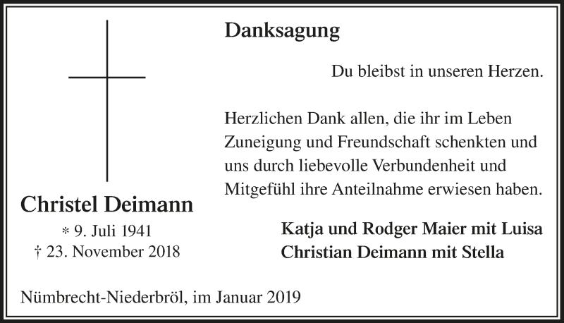  Traueranzeige für Christel Deimann vom 23.01.2019 aus  Lokalanzeiger 