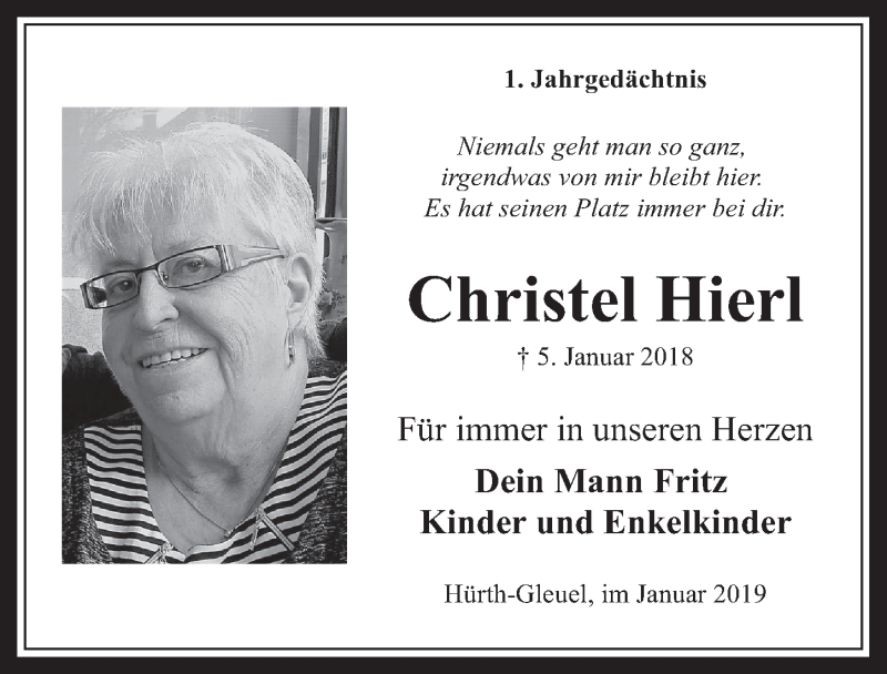  Traueranzeige für Christel Hierl vom 09.01.2019 aus  Wochenende 