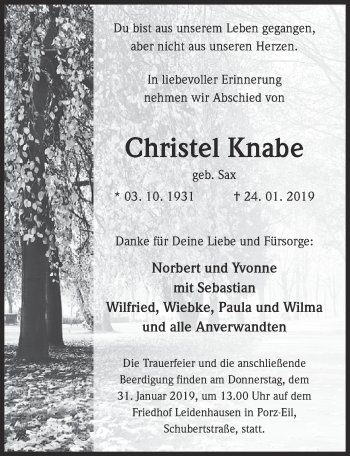 Anzeige von Christel Knabe von  Kölner Wochenspiegel 