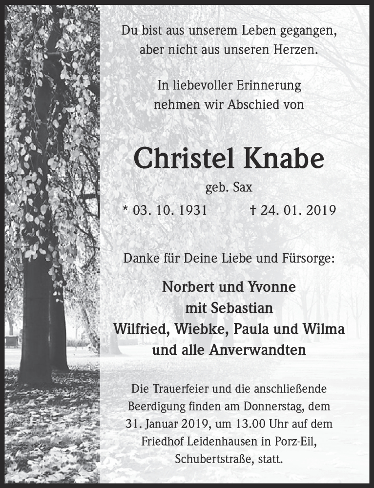  Traueranzeige für Christel Knabe vom 30.01.2019 aus  Kölner Wochenspiegel 