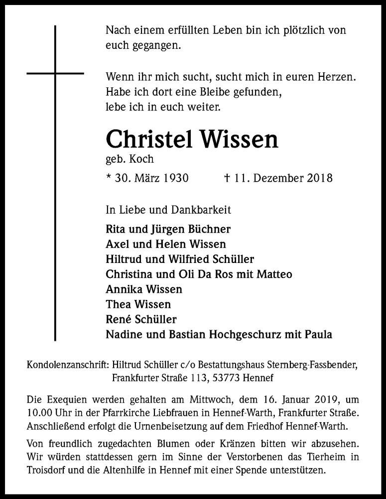  Traueranzeige für Christel Wissen vom 05.01.2019 aus Kölner Stadt-Anzeiger / Kölnische Rundschau / Express