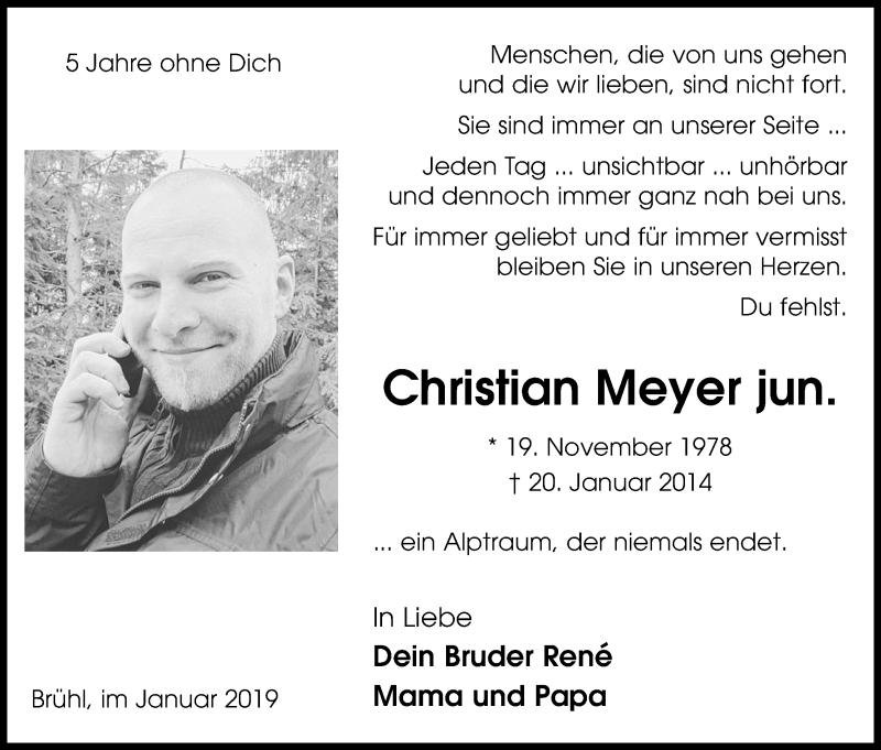  Traueranzeige für Christian Meyer jun. vom 19.01.2019 aus Kölner Stadt-Anzeiger / Kölnische Rundschau / Express