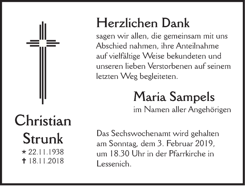  Traueranzeige für Christian Strunk vom 12.01.2019 aus  Blickpunkt Euskirchen 
