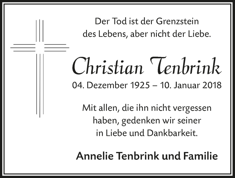  Traueranzeige für Christian Tenbrink vom 09.01.2019 aus  Lokalanzeiger 