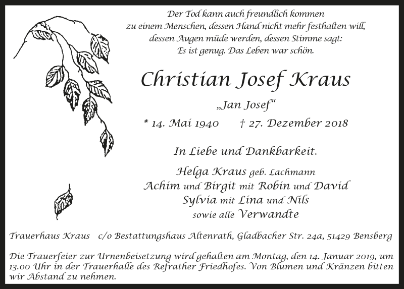  Traueranzeige für Christian Josef Kraus vom 09.01.2019 aus  Bergisches Handelsblatt 