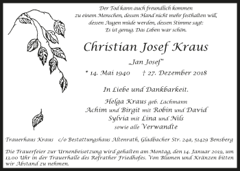 Anzeige von Christian Josef Kraus von  Bergisches Handelsblatt 