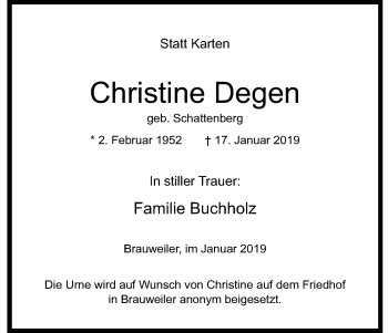 Anzeige von Christine Degen von Kölner Stadt-Anzeiger / Kölnische Rundschau / Express