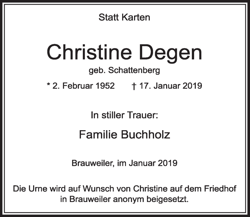  Traueranzeige für Christine Degen vom 26.01.2019 aus  Sonntags-Post 