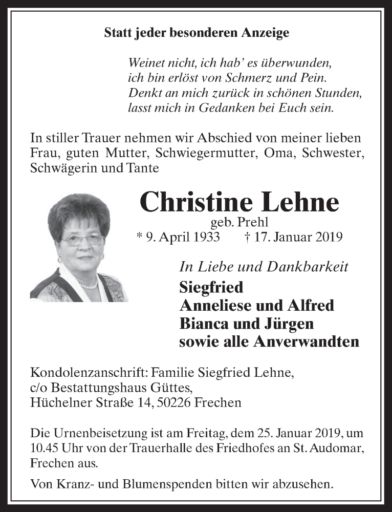  Traueranzeige für Christine Lehne vom 23.01.2019 aus  Wochenende 