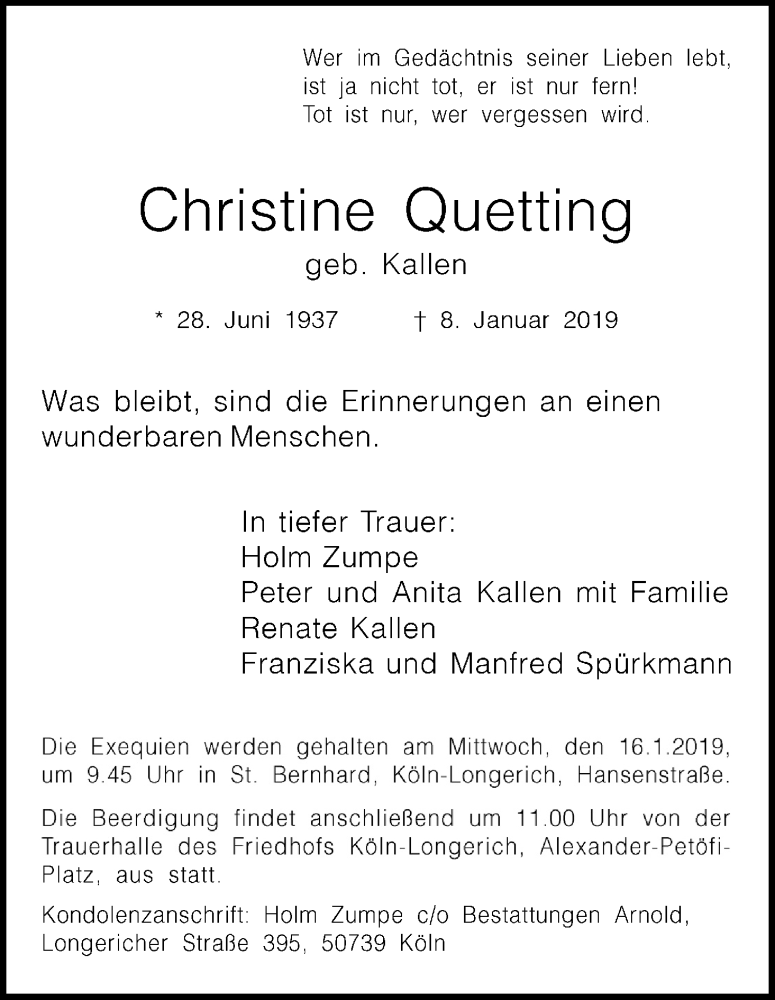  Traueranzeige für Christine Quetting vom 12.01.2019 aus Kölner Stadt-Anzeiger / Kölnische Rundschau / Express