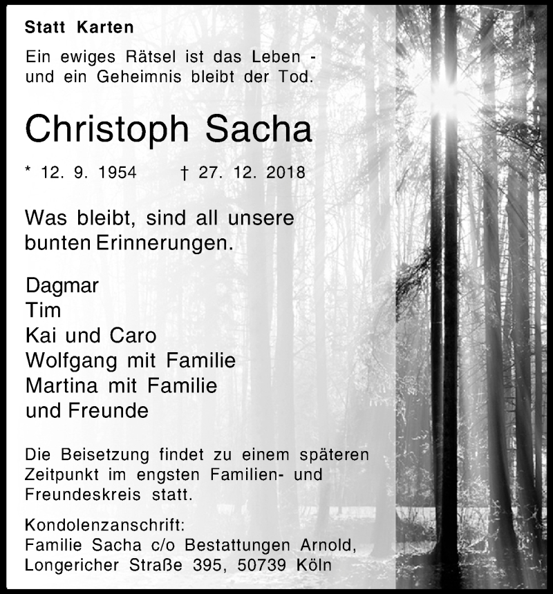  Traueranzeige für Christoph Sacha vom 05.01.2019 aus Kölner Stadt-Anzeiger / Kölnische Rundschau / Express