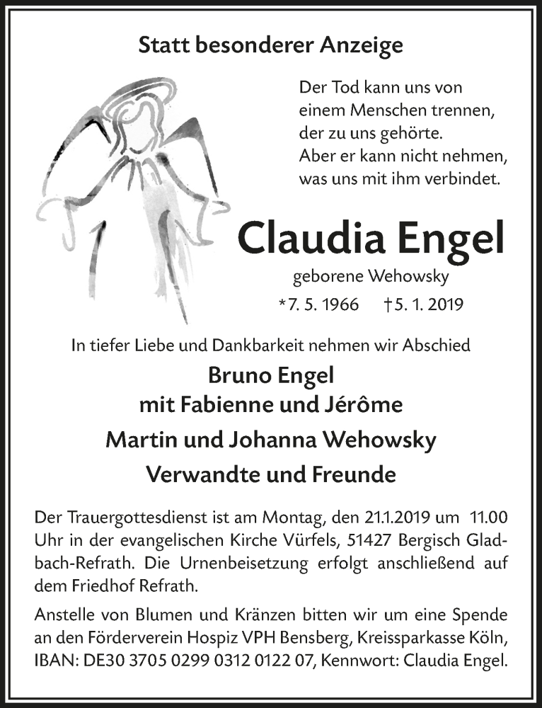 Traueranzeige für Claudia Engel vom 16.01.2019 aus  Bergisches Handelsblatt 