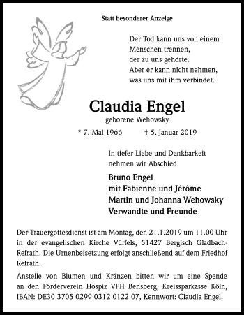 Anzeige von Claudia Engel von Kölner Stadt-Anzeiger / Kölnische Rundschau / Express