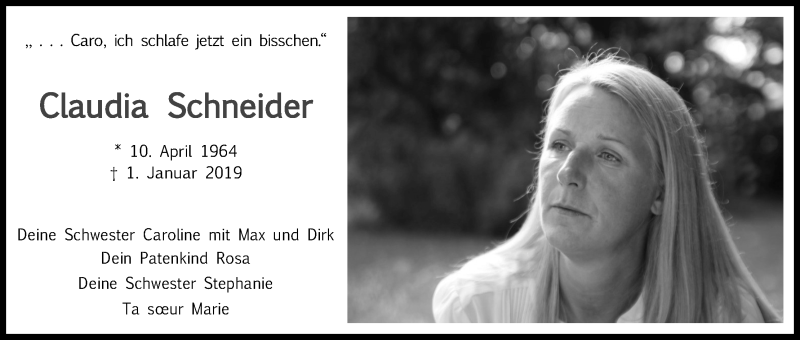  Traueranzeige für Claudia Schneider vom 05.01.2019 aus Kölner Stadt-Anzeiger / Kölnische Rundschau / Express