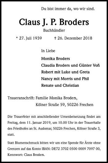 Anzeige von Claus J. P. Broders von Kölner Stadt-Anzeiger / Kölnische Rundschau / Express