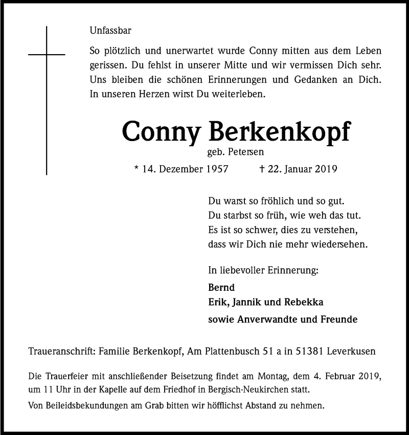  Traueranzeige für Conny Berkenkopf vom 31.01.2019 aus Kölner Stadt-Anzeiger / Kölnische Rundschau / Express